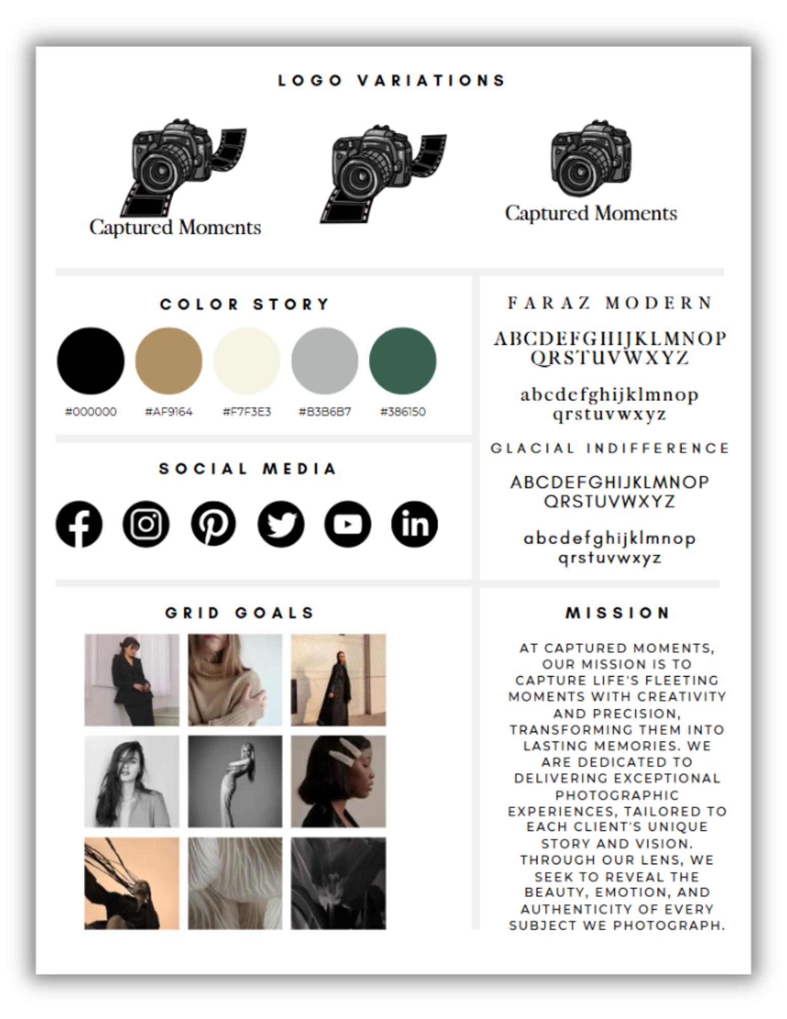 Small business branding mood board showcasing logo variations, color palette, typography, social media icons, and brand mission.