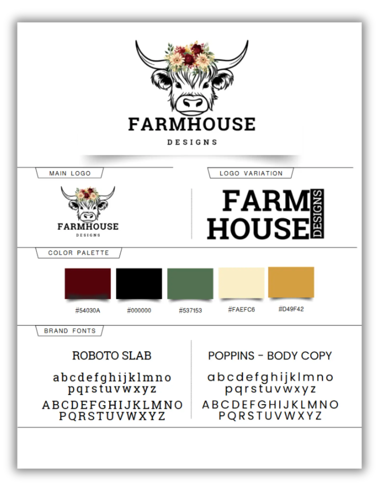 A digital brand board displaying a full small business branding identity, including logo variations, a curated color palette, selected typography, and brand visuals for a cohesive and professional brand presence.